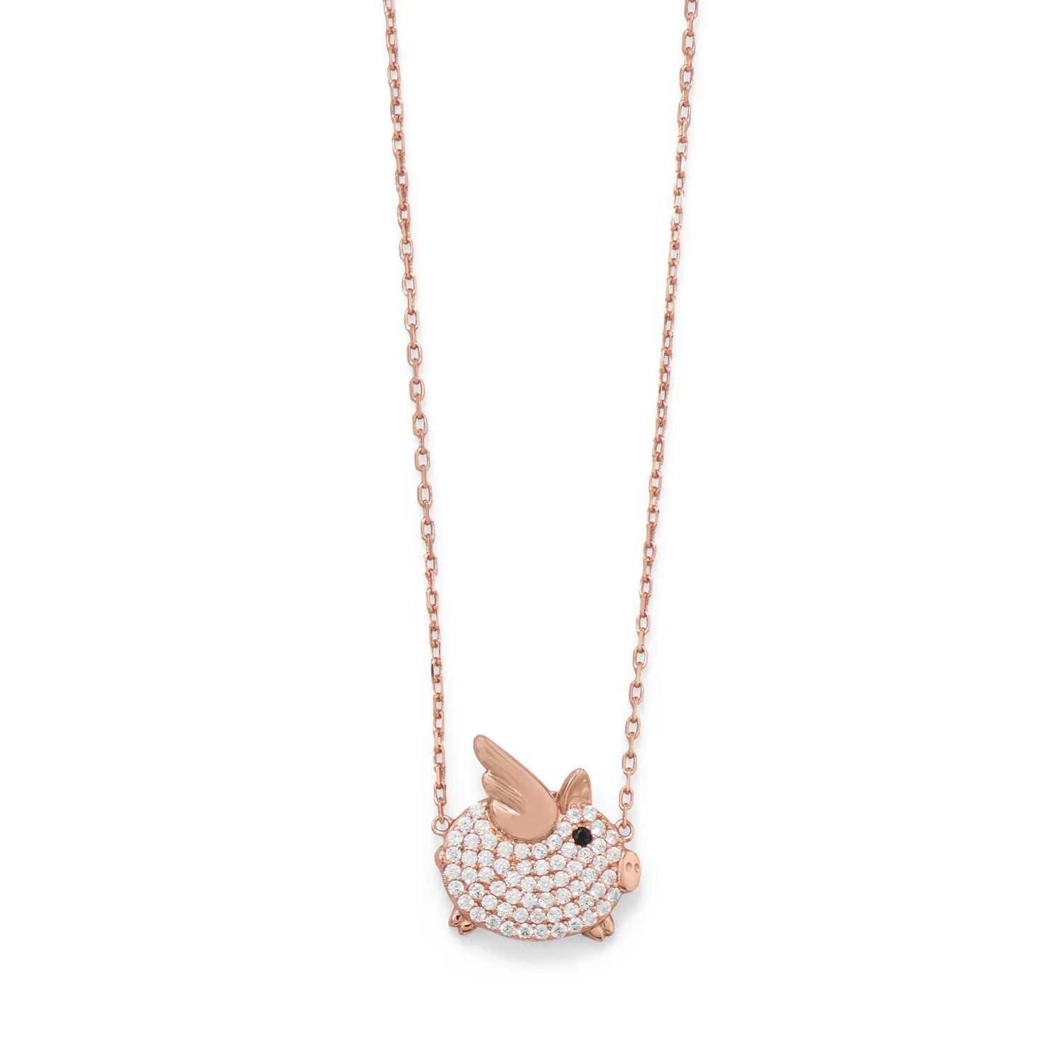 16" 2 CZ Flying Piggy Necklace