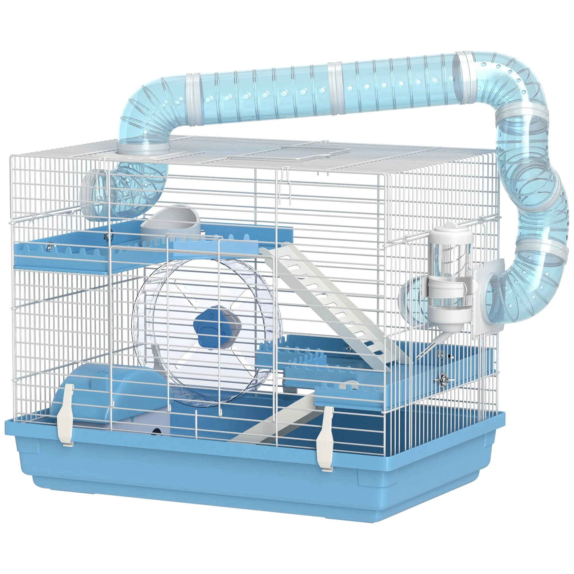 3-Story Hamster Cage with House, Wheel, Food Bowl, Bottle and Tubes, Light Blue