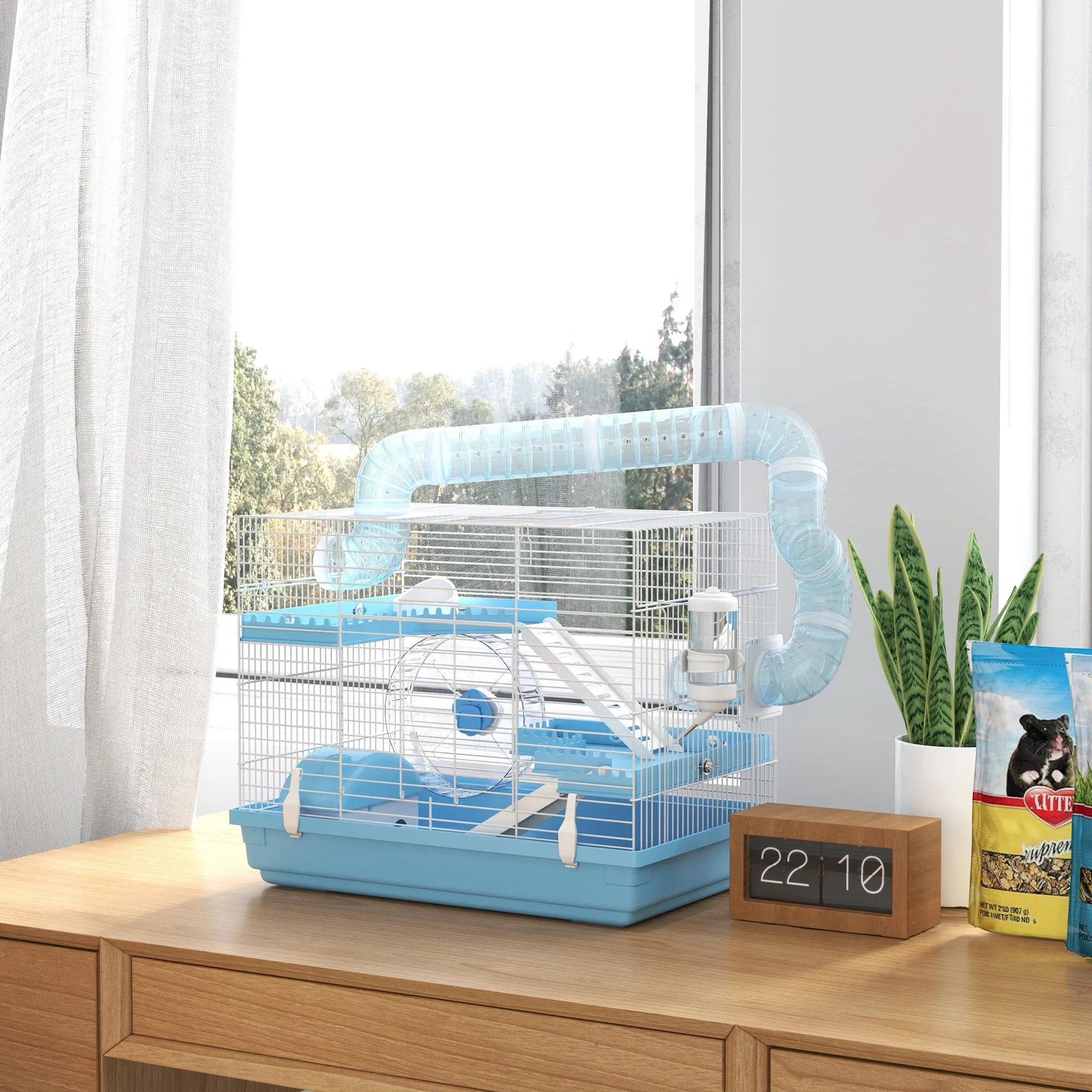 3-Story Hamster Cage with House, Wheel, Food Bowl, Bottle and Tubes, Light Blue