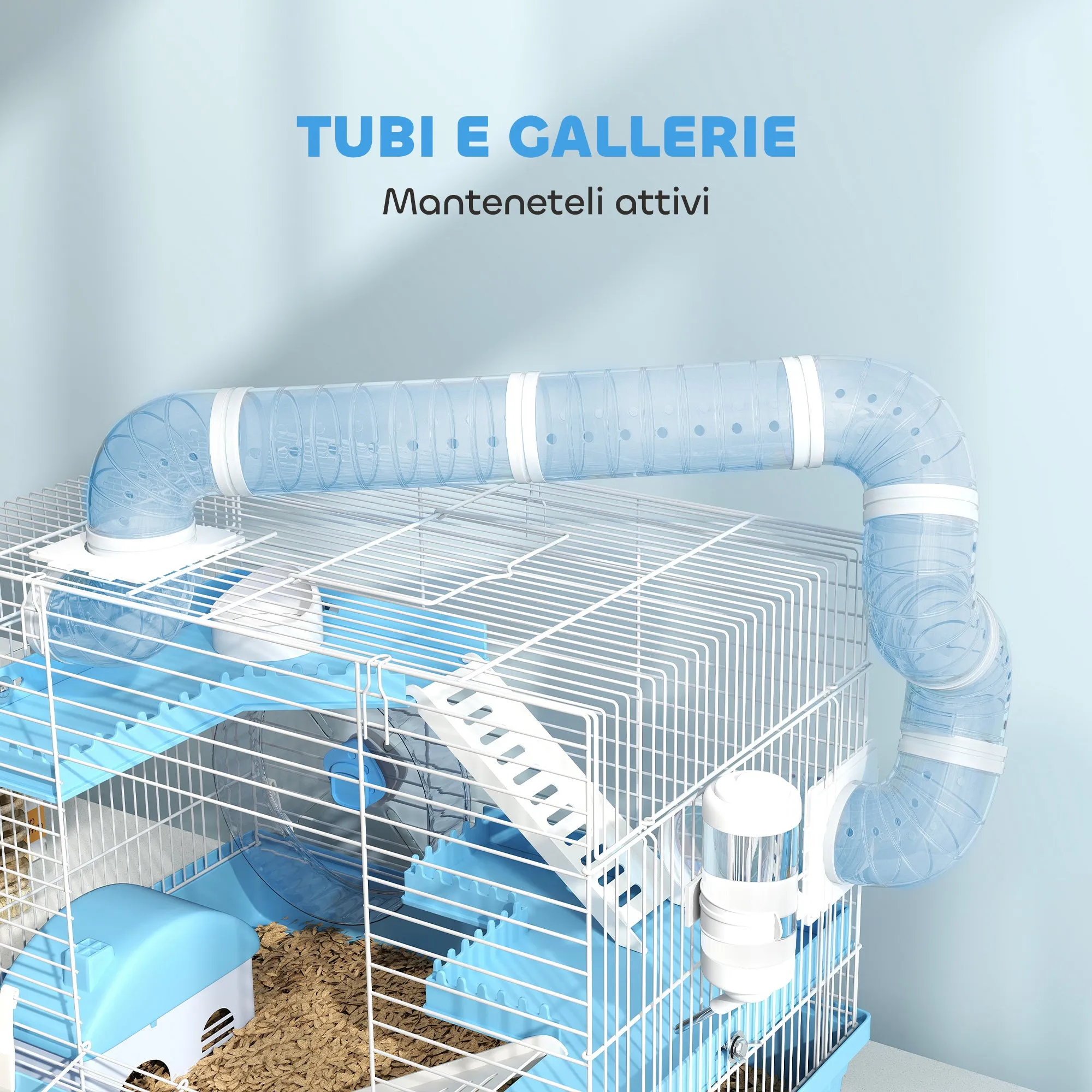 3-Story Hamster Cage with House, Wheel, Food Bowl, Bottle and Tubes, Light Blue
