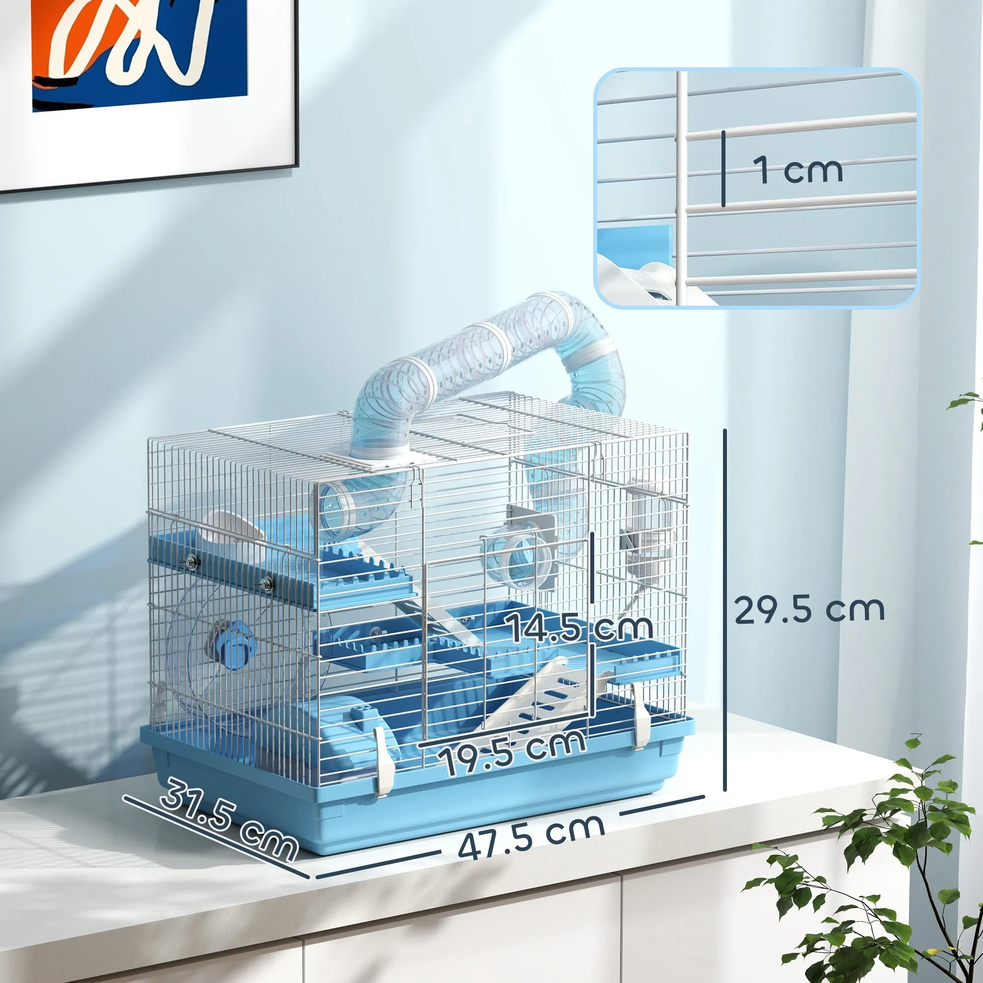 3-Story Hamster Cage with House, Wheel, Food Bowl, Bottle and Tubes, Light Blue