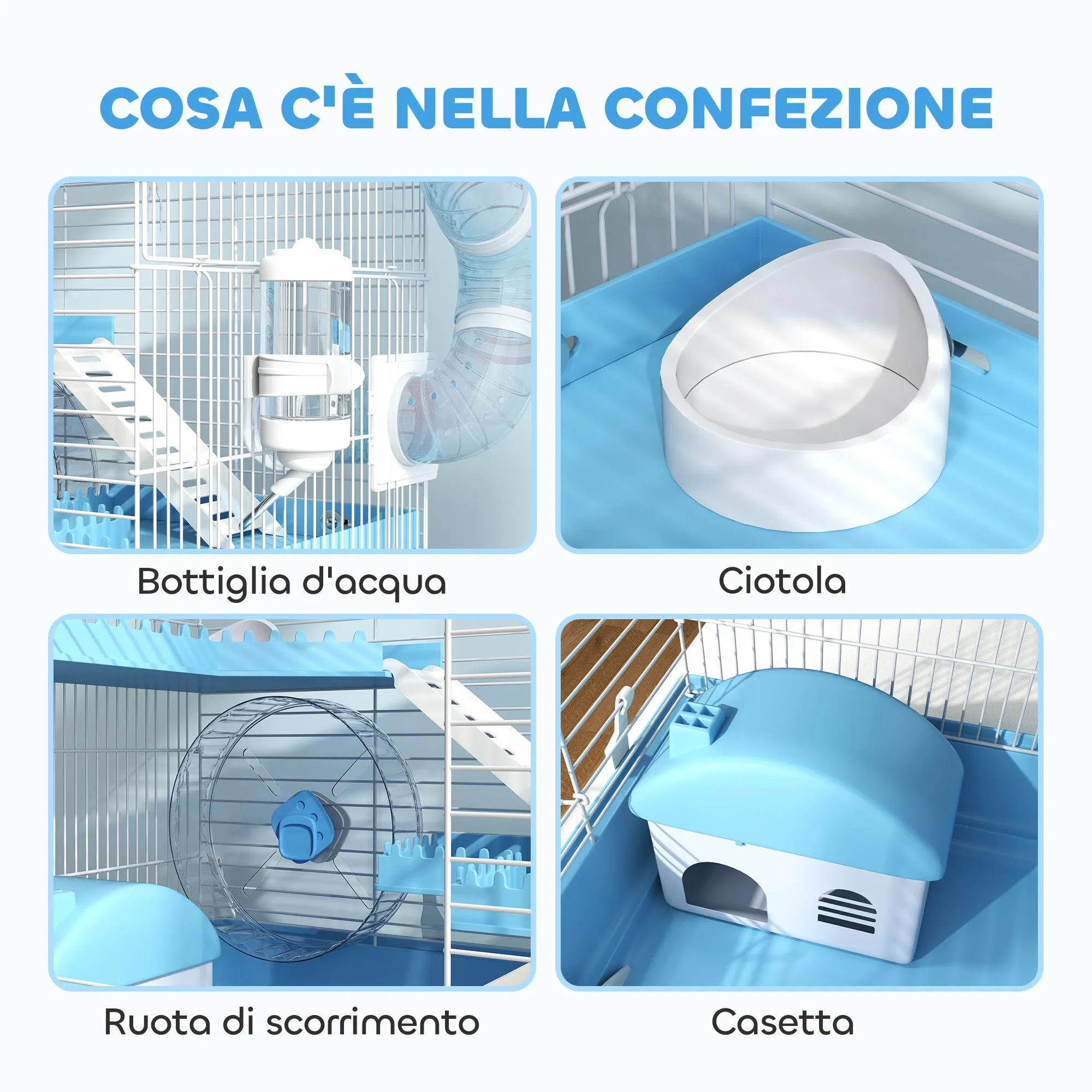 3-Story Hamster Cage with House, Wheel, Food Bowl, Bottle and Tubes, Light Blue