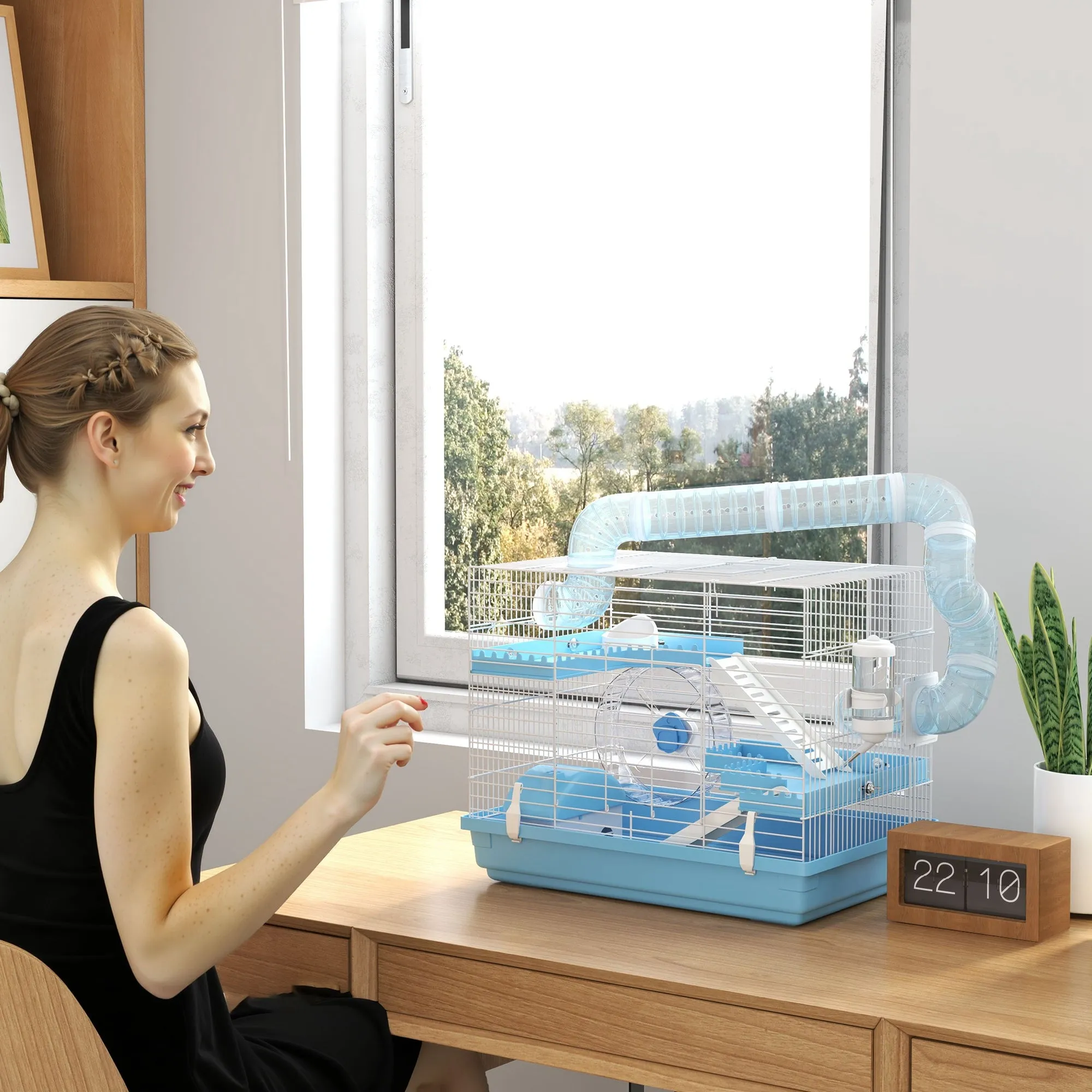 3-Story Hamster Cage with House, Wheel, Food Bowl, Bottle and Tubes, Light Blue