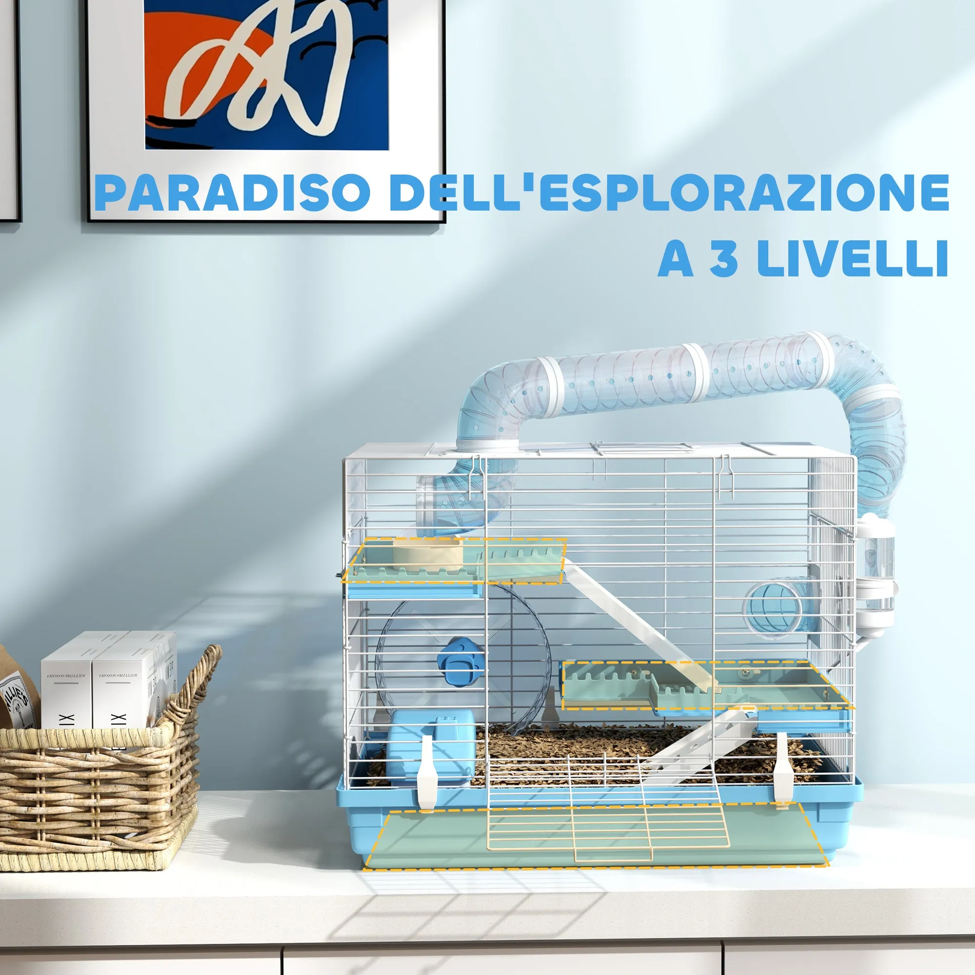 3-Story Hamster Cage with House, Wheel, Food Bowl, Bottle and Tubes, Light Blue