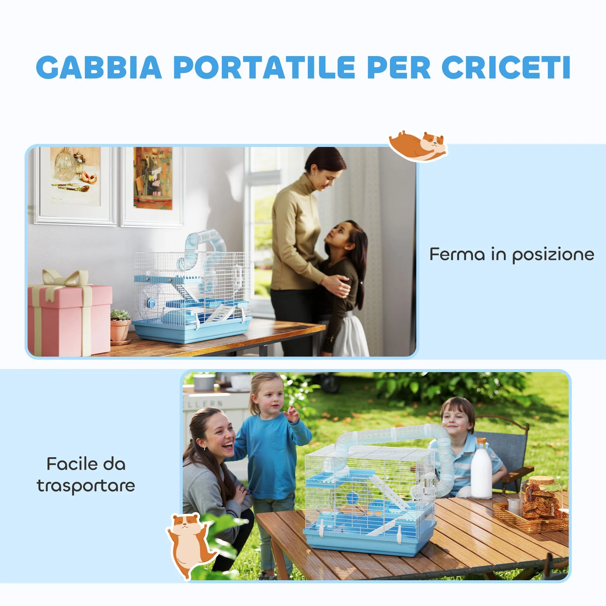 3-Story Hamster Cage with House, Wheel, Food Bowl, Bottle and Tubes, Light Blue