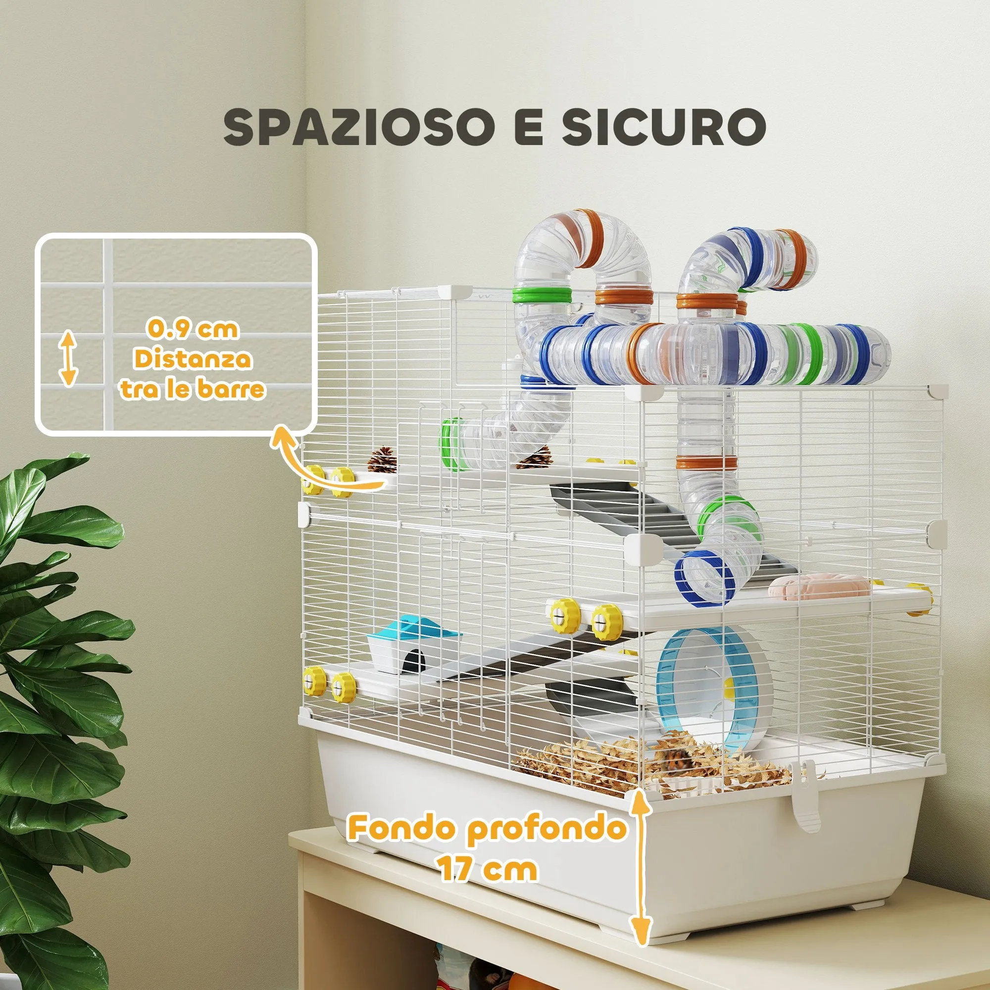 4-Tier Hamster Cage with Tubes, Wheel, 3 Doors and Tray, in Metal, PP and PS, 78x45x73 cm, White