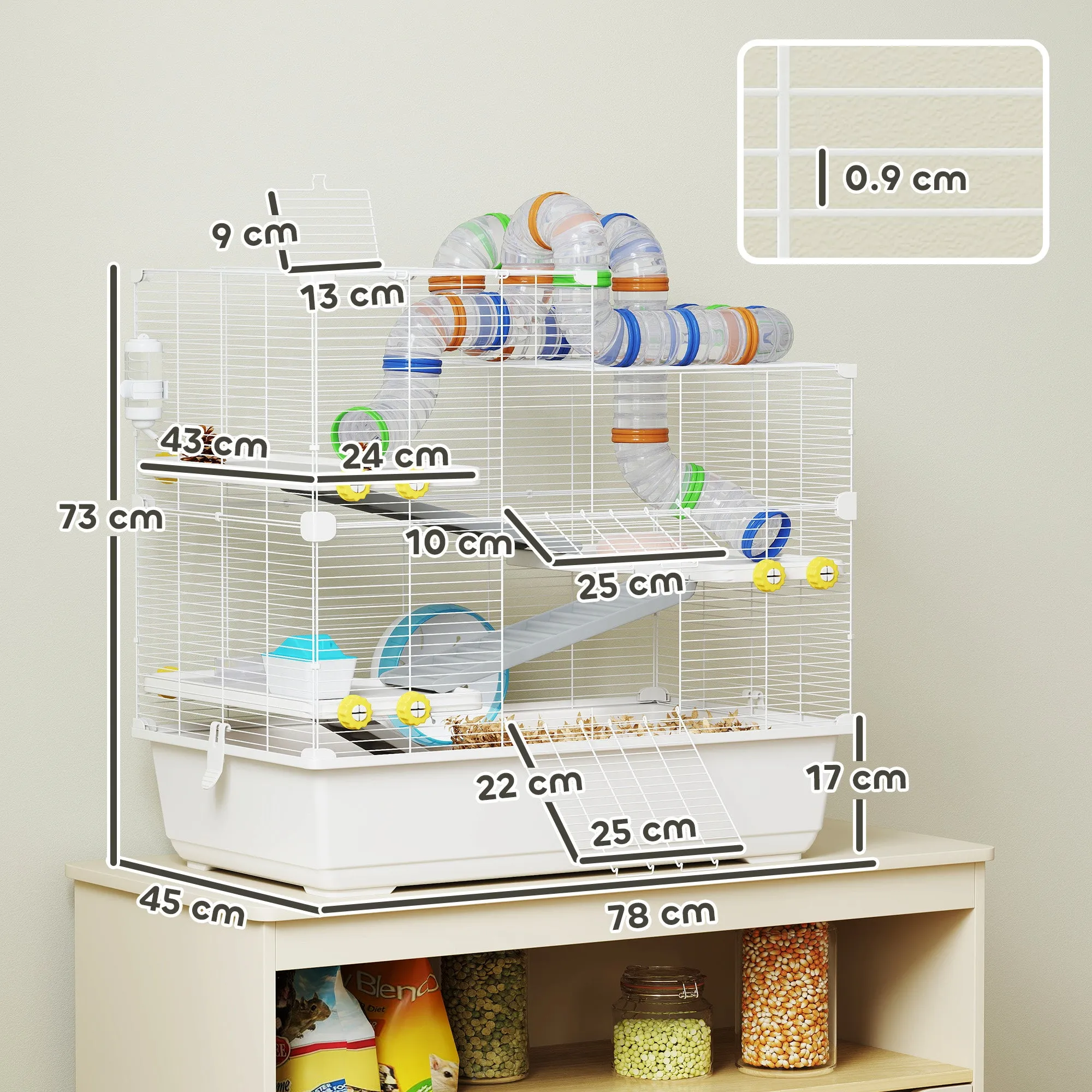 4-Tier Hamster Cage with Tubes, Wheel, 3 Doors and Tray, in Metal, PP and PS, 78x45x73 cm, White
