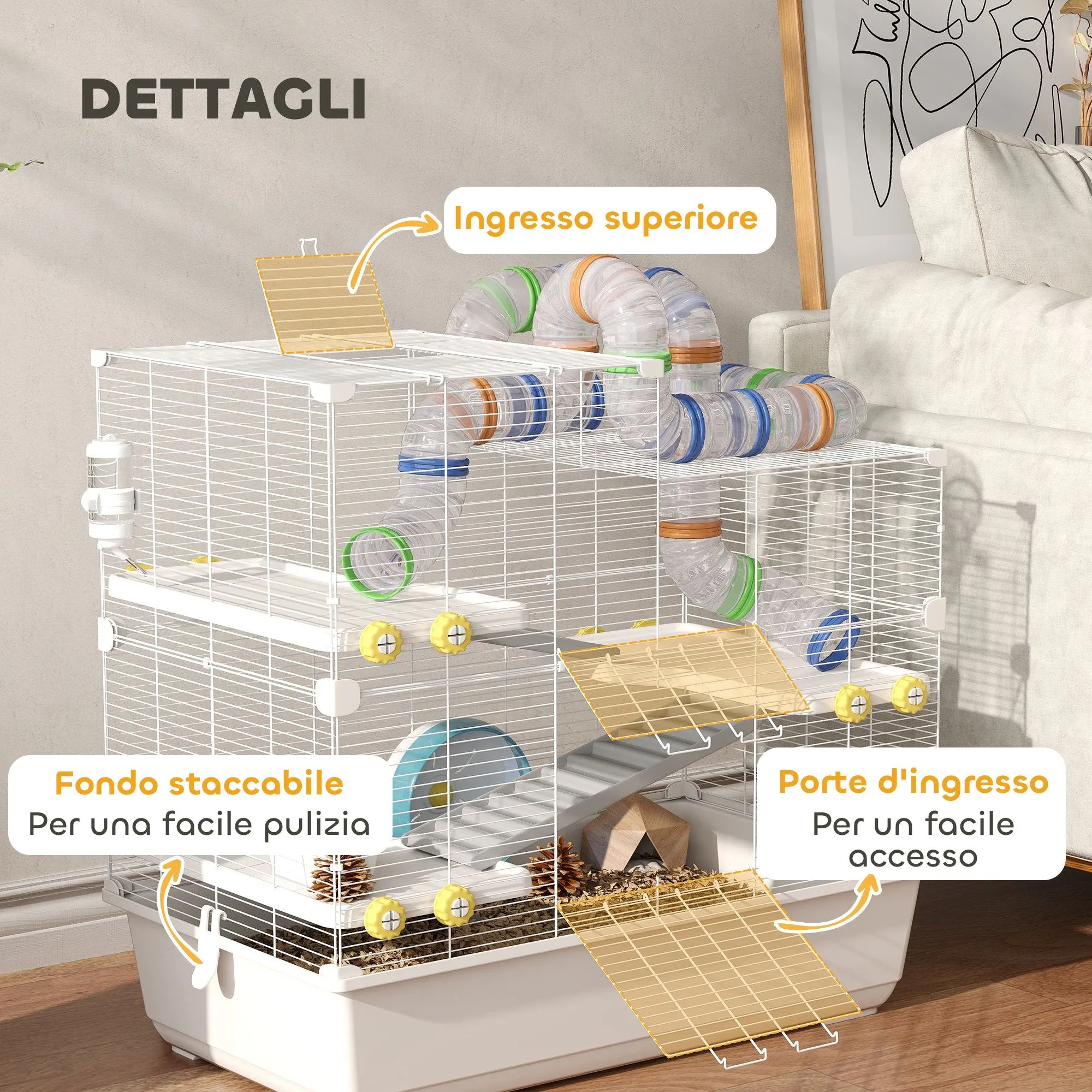 4-Tier Hamster Cage with Tubes, Wheel, 3 Doors and Tray, in Metal, PP and PS, 78x45x73 cm, White