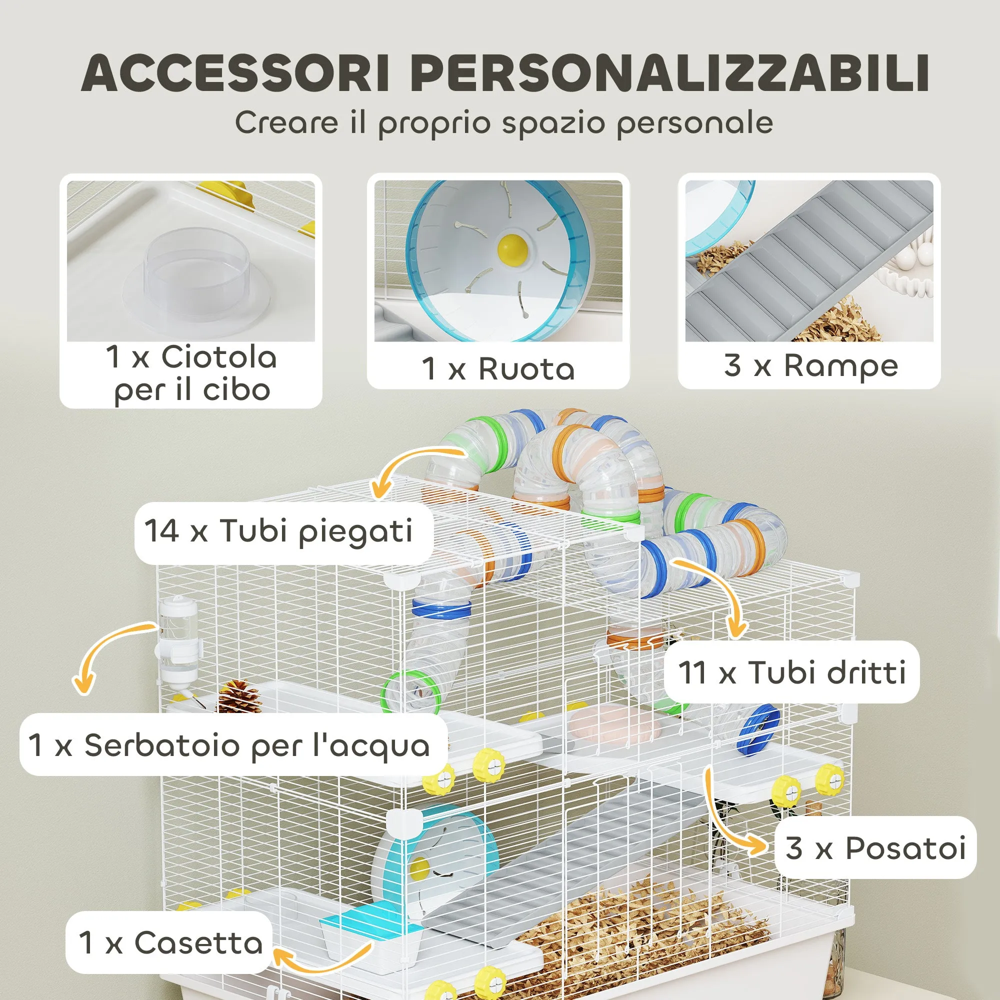 4-Tier Hamster Cage with Tubes, Wheel, 3 Doors and Tray, in Metal, PP and PS, 78x45x73 cm, White