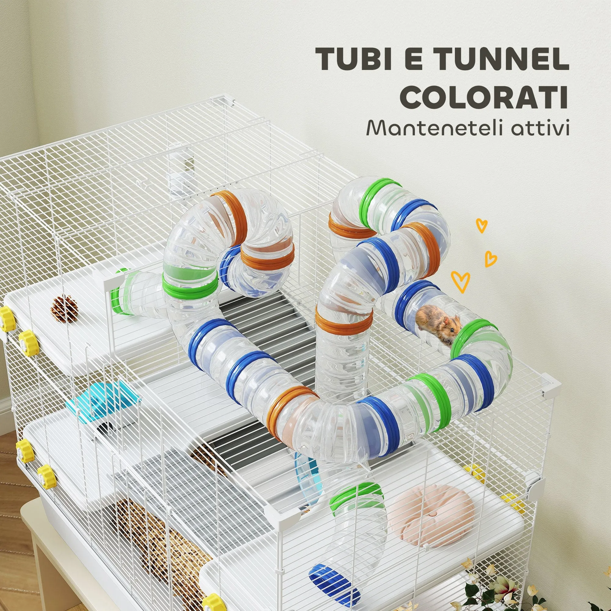 4-Tier Hamster Cage with Tubes, Wheel, 3 Doors and Tray, in Metal, PP and PS, 78x45x73 cm, White