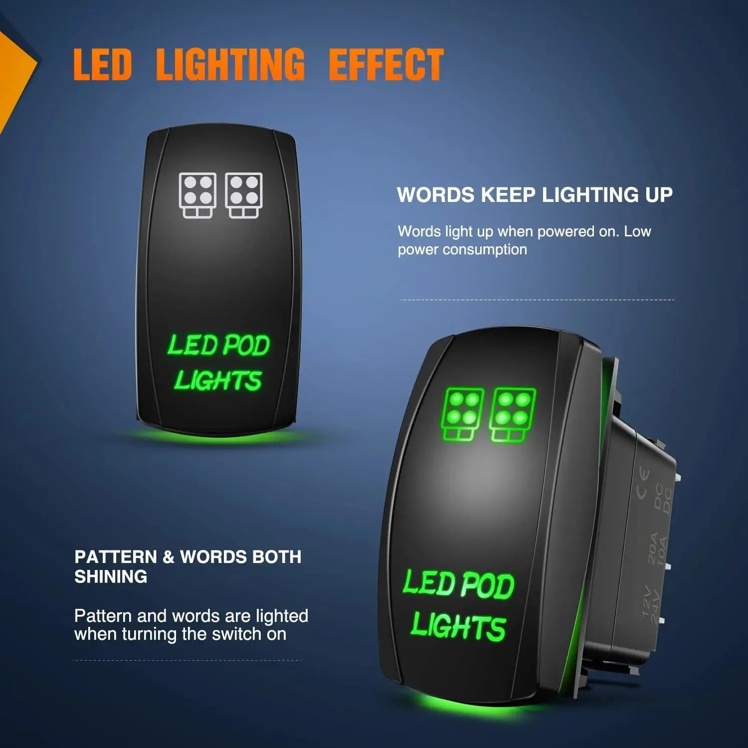 5Pin Laser On/Off LED Pod Lights Rocker Switch Green