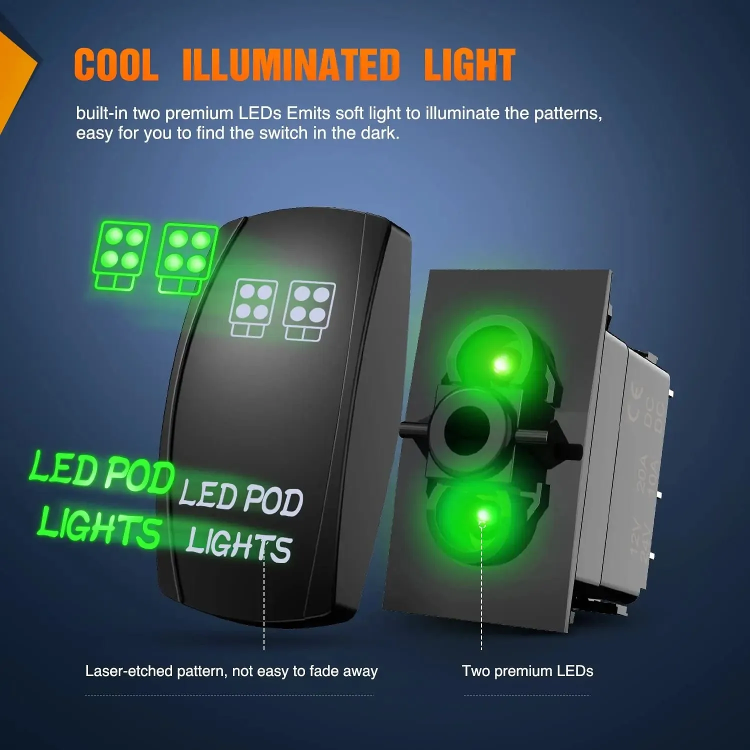 5Pin Laser On/Off LED Pod Lights Rocker Switch Green