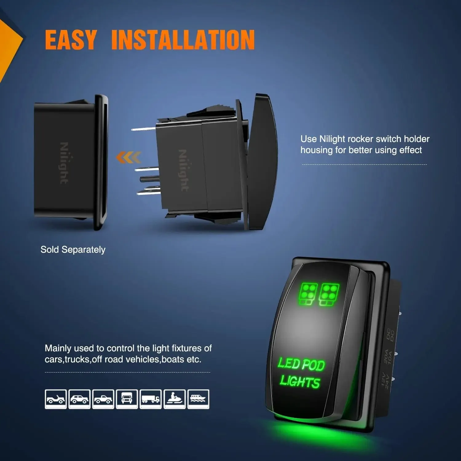 5Pin Laser On/Off LED Pod Lights Rocker Switch Green