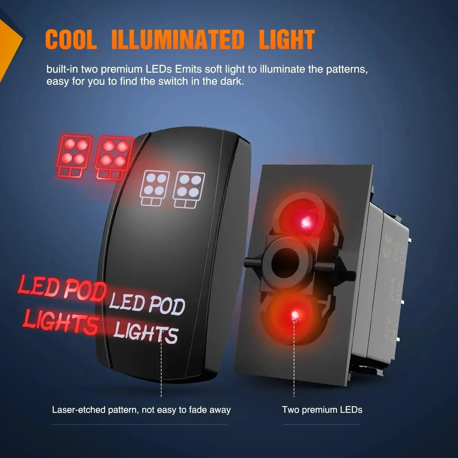 5Pin Laser On/Off LED Pod Lights Rocker Switch Red