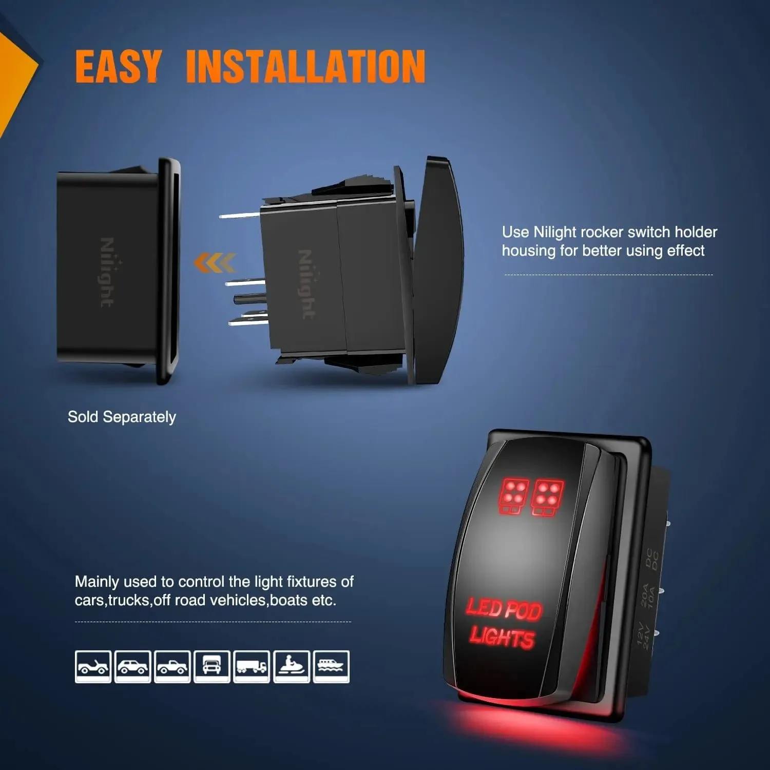 5Pin Laser On/Off LED Pod Lights Rocker Switch Red