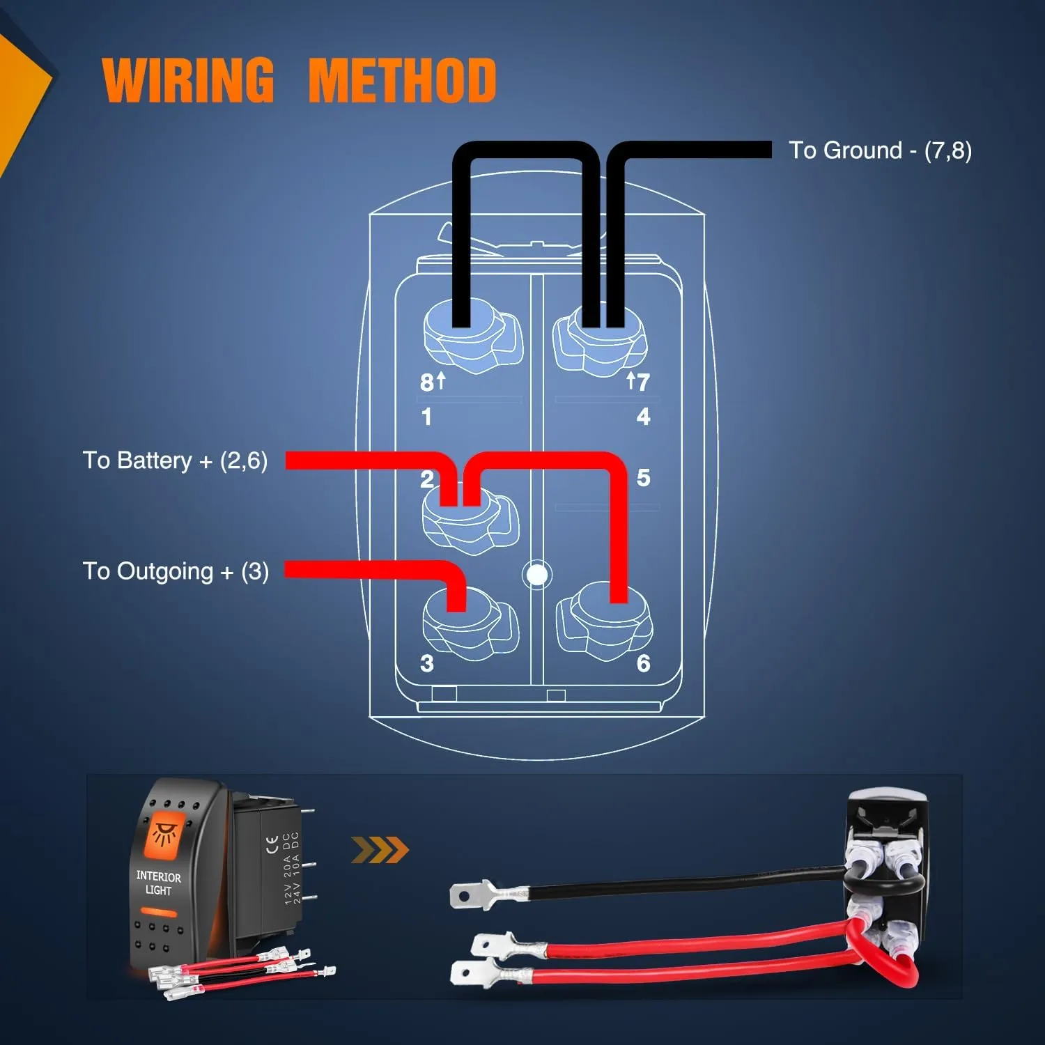 5Pin SPST On/Off UTV Interior Light Rocker Switch Orange Backlit