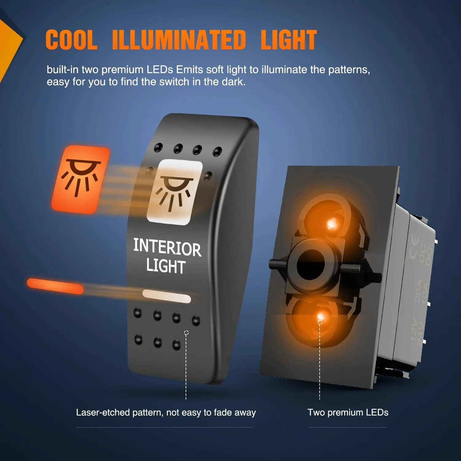 5Pin SPST On/Off UTV Interior Light Rocker Switch Orange Backlit