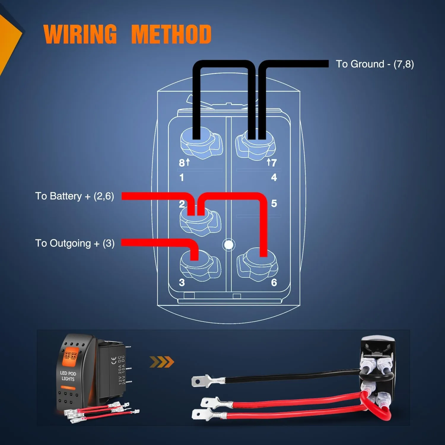 5Pin SPST On/Off UTV Led Pod Lights Rocker Switch Orange Backlit