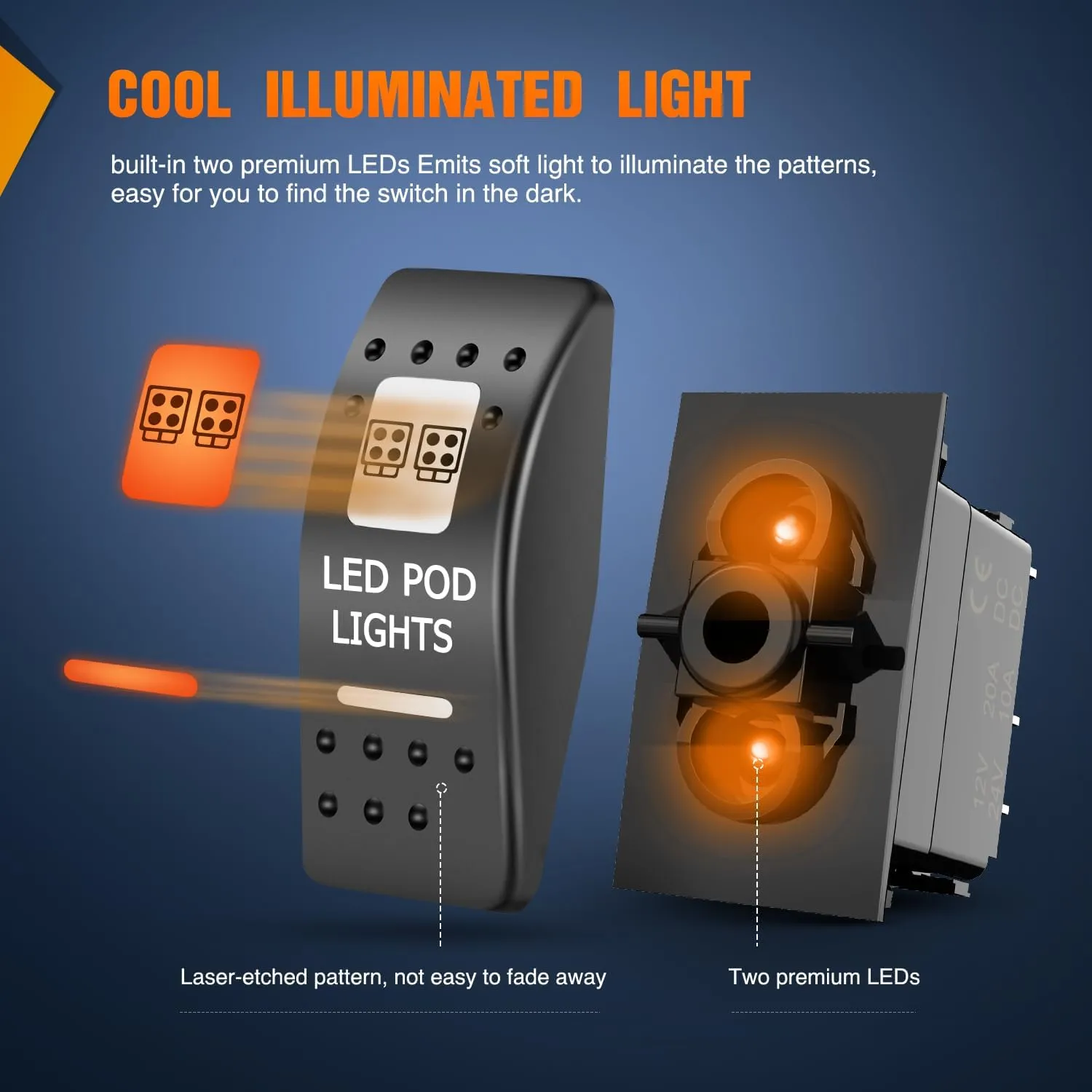 5Pin SPST On/Off UTV Led Pod Lights Rocker Switch Orange Backlit