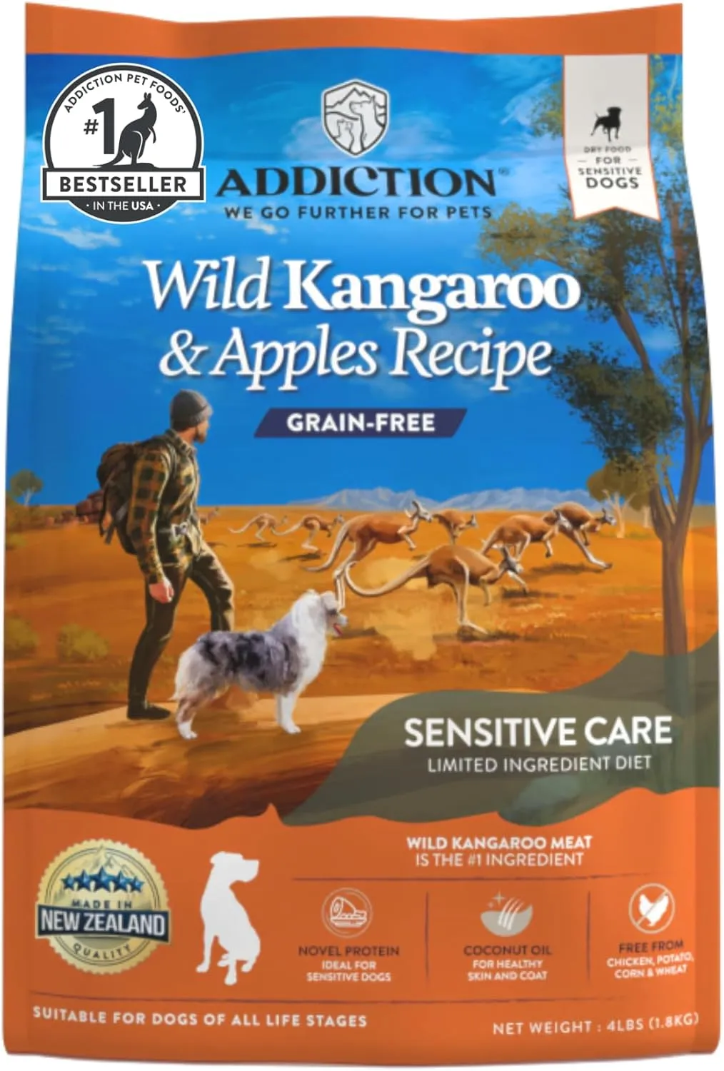 Addiction Wild Kangaroo & Apples - Dry Dog Food - Limited Ingredient Novel Protein - Muscle and Weight Management - Grain-Free - Ideal for Dogs with Food Allergies - Crafted in New Zealand 4lb