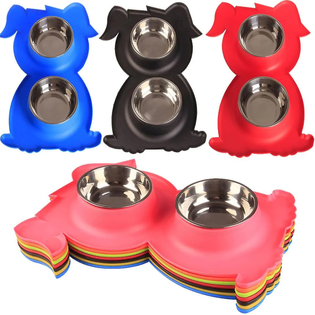 black Stainless Steel Double Pet Bowl Dog Cat Twin Food Water Dish Feeding Station AZ21786