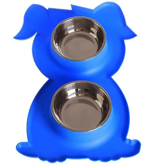 blue Stainless Steel Double Pet Bowl Dog Cat Twin Food Water Dish Feeding Station AZ21787
