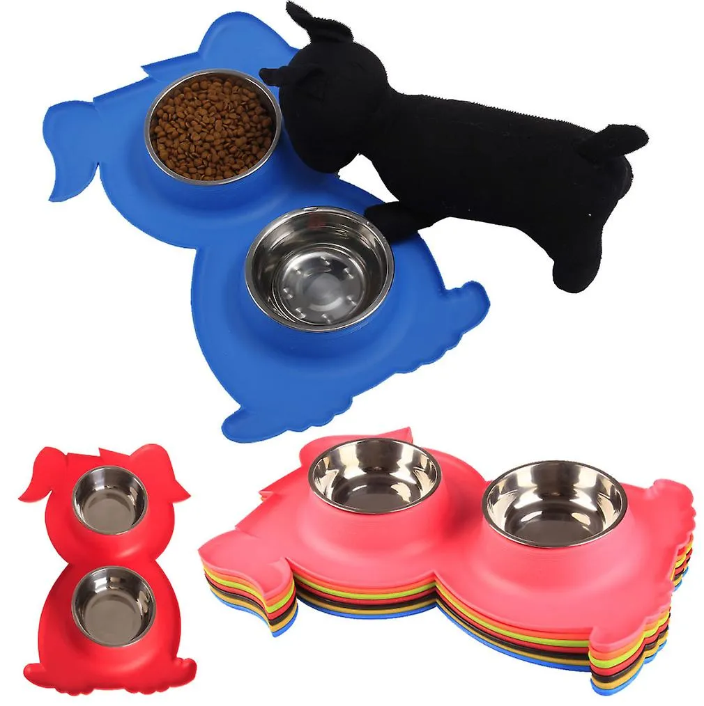 blue Stainless Steel Double Pet Bowl Dog Cat Twin Food Water Dish Feeding Station AZ21787