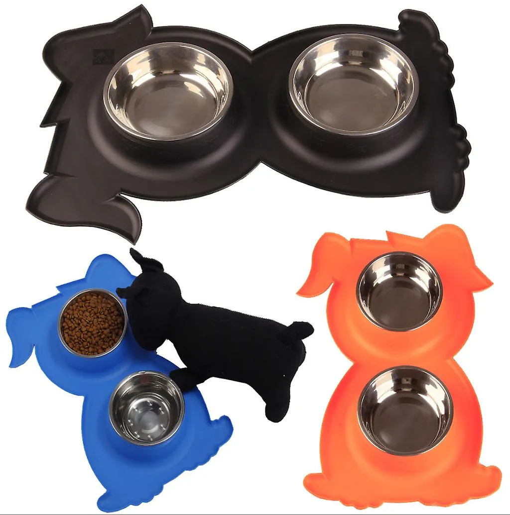 blue Stainless Steel Double Pet Bowl Dog Cat Twin Food Water Dish Feeding Station AZ21787
