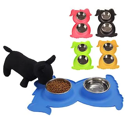 blue Stainless Steel Double Pet Bowl Dog Cat Twin Food Water Dish Feeding Station AZ21787