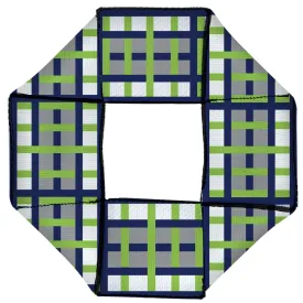 Dog Toy Squeaky Octagon Flyer - Basketweave Plaid White/Silver/Navy/Bright Green