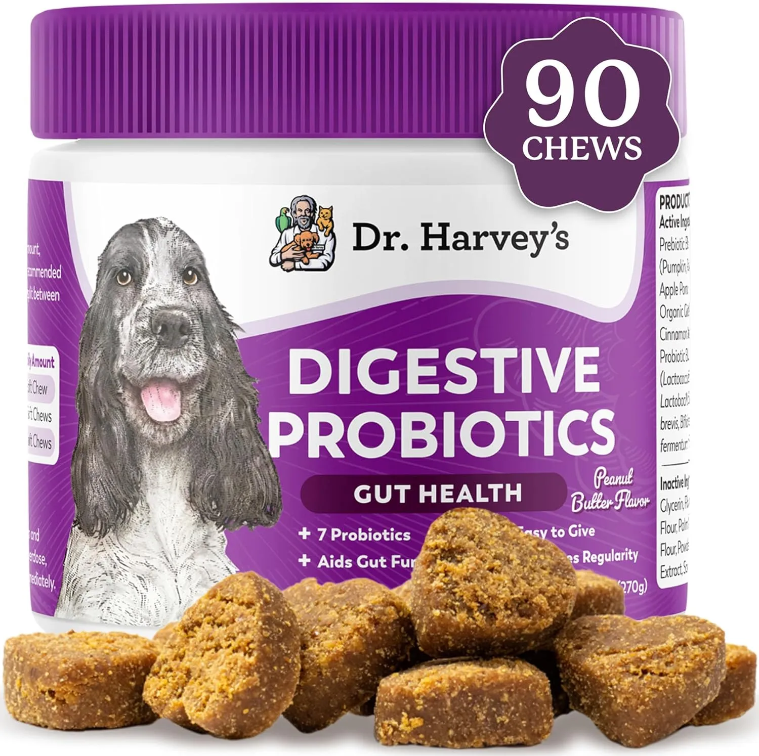 Dr. Harvey's Digestive Probiotic Soft Chews for Dogs, 7 Probiotics for Gut Health, Diarrhea and Bowel Support, Peanut Butter Flavor (90 Chews)