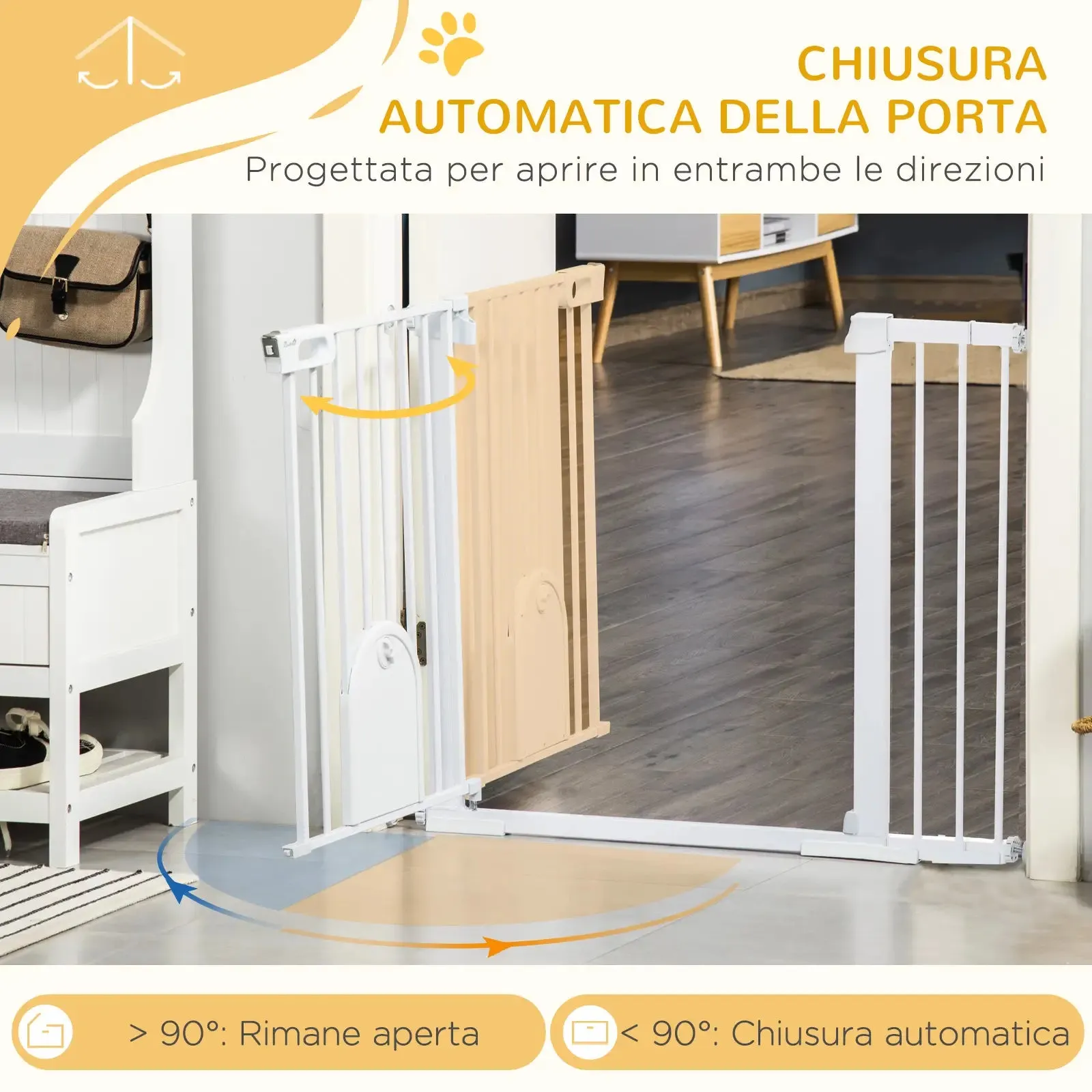 Extendable Dog Gate with Self-Closing Door, Metal and ABS, 75-131x76 cm, White
