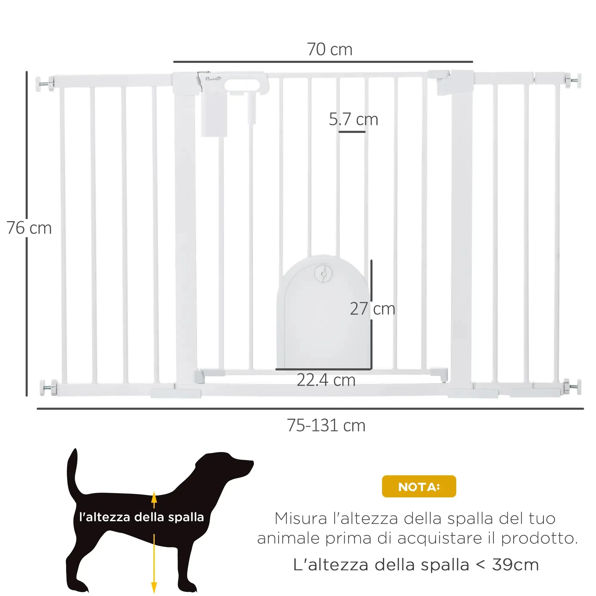 Extendable Dog Gate with Self-Closing Door, Metal and ABS, 75-131x76 cm, White