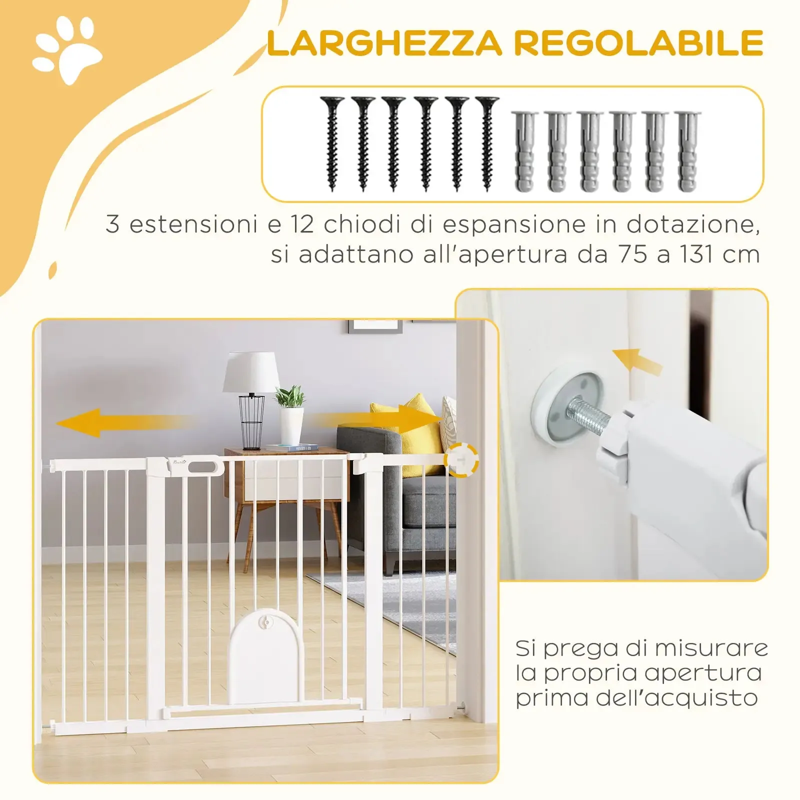 Extendable Dog Gate with Self-Closing Door, Metal and ABS, 75-131x76 cm, White