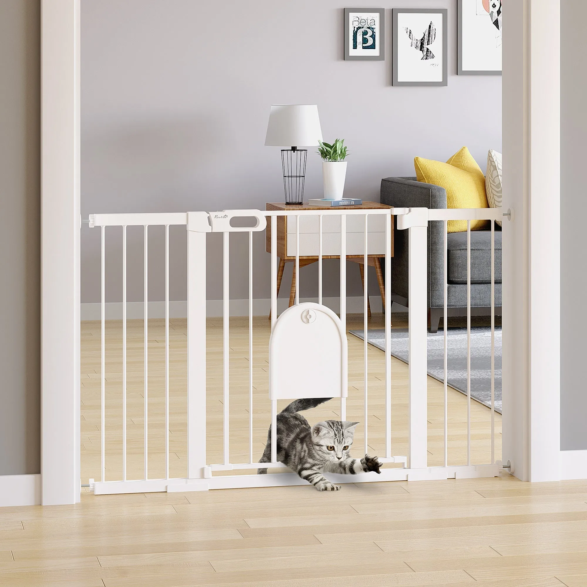 Extendable Dog Gate with Self-Closing Door, Metal and ABS, 75-131x76 cm, White