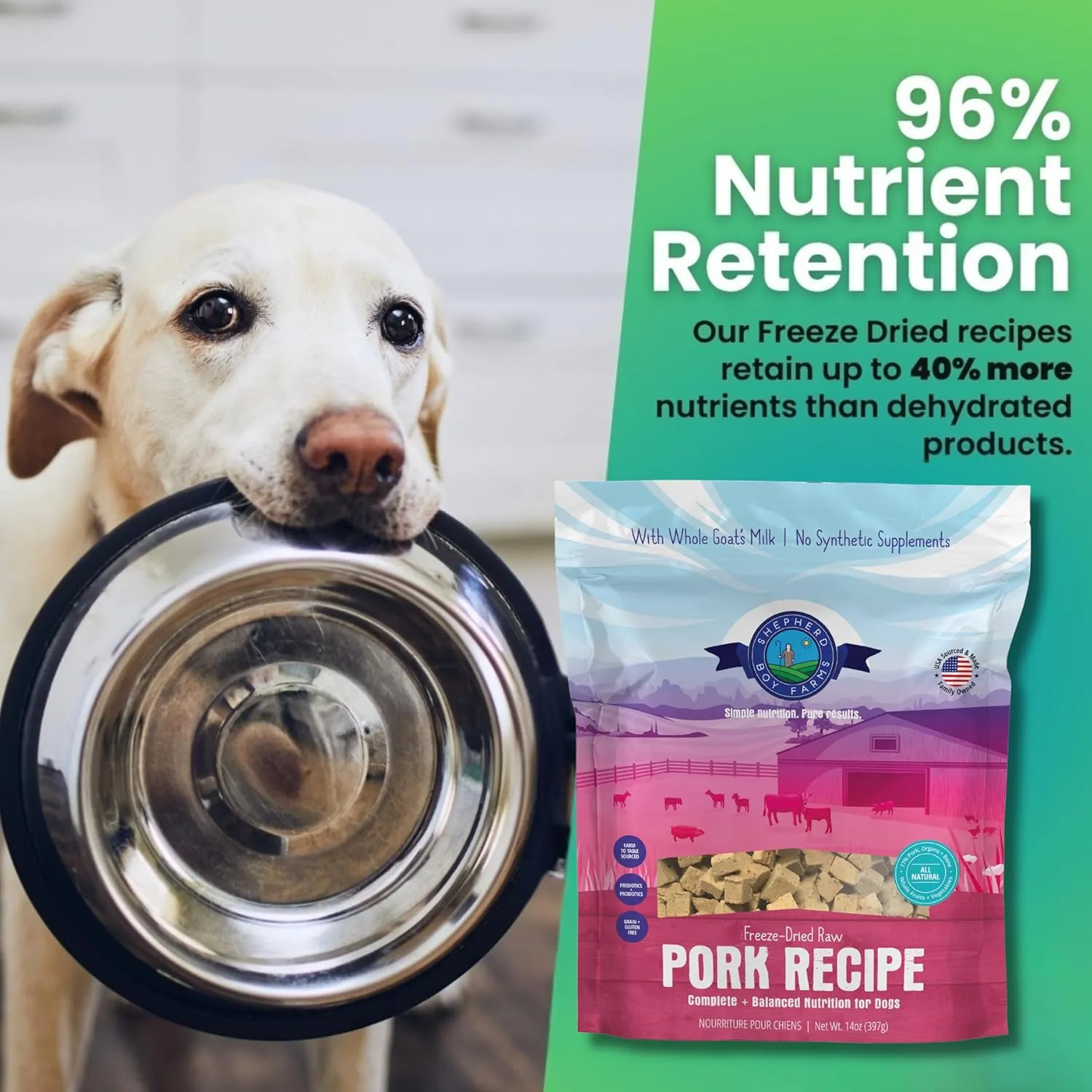 Freeze Dried Raw Dog Food (Pork Recipe), All Natural Food, 14 oz Bag, Freeze-Dried Dog Food, Made in USA with Organic Produce, High in Protein, Food Topper or Complete Meal