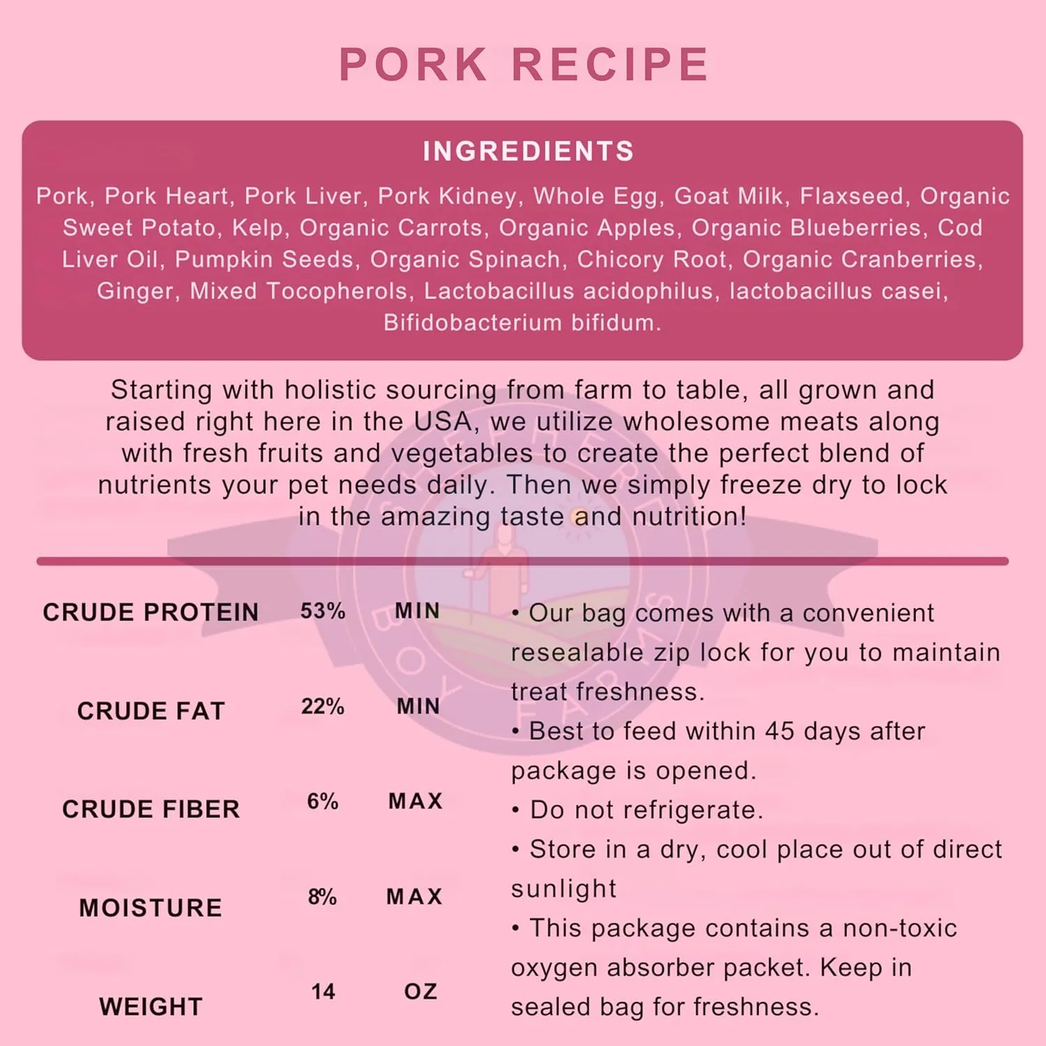 Freeze Dried Raw Dog Food (Pork Recipe), All Natural Food, 14 oz Bag, Freeze-Dried Dog Food, Made in USA with Organic Produce, High in Protein, Food Topper or Complete Meal
