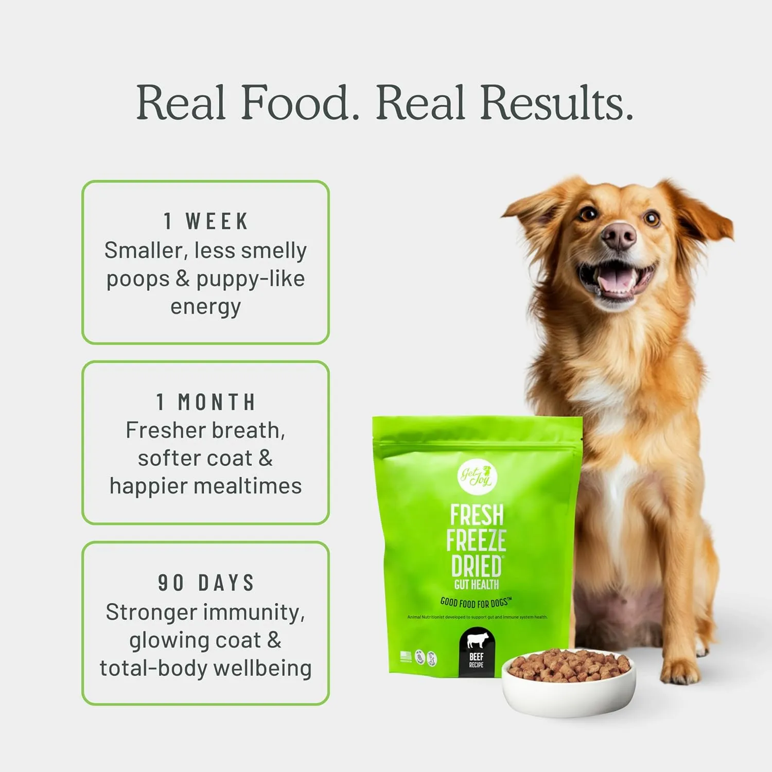 Get Joy Gut Health Fresh Freeze Dried Raw Meal, Beef Recipe, 16 Ounce Bag, Dog Food for Dogs of All Breeds and Life Stages, PhD Animal Nutritionist Formulated, USDA Beef, Made in USA
