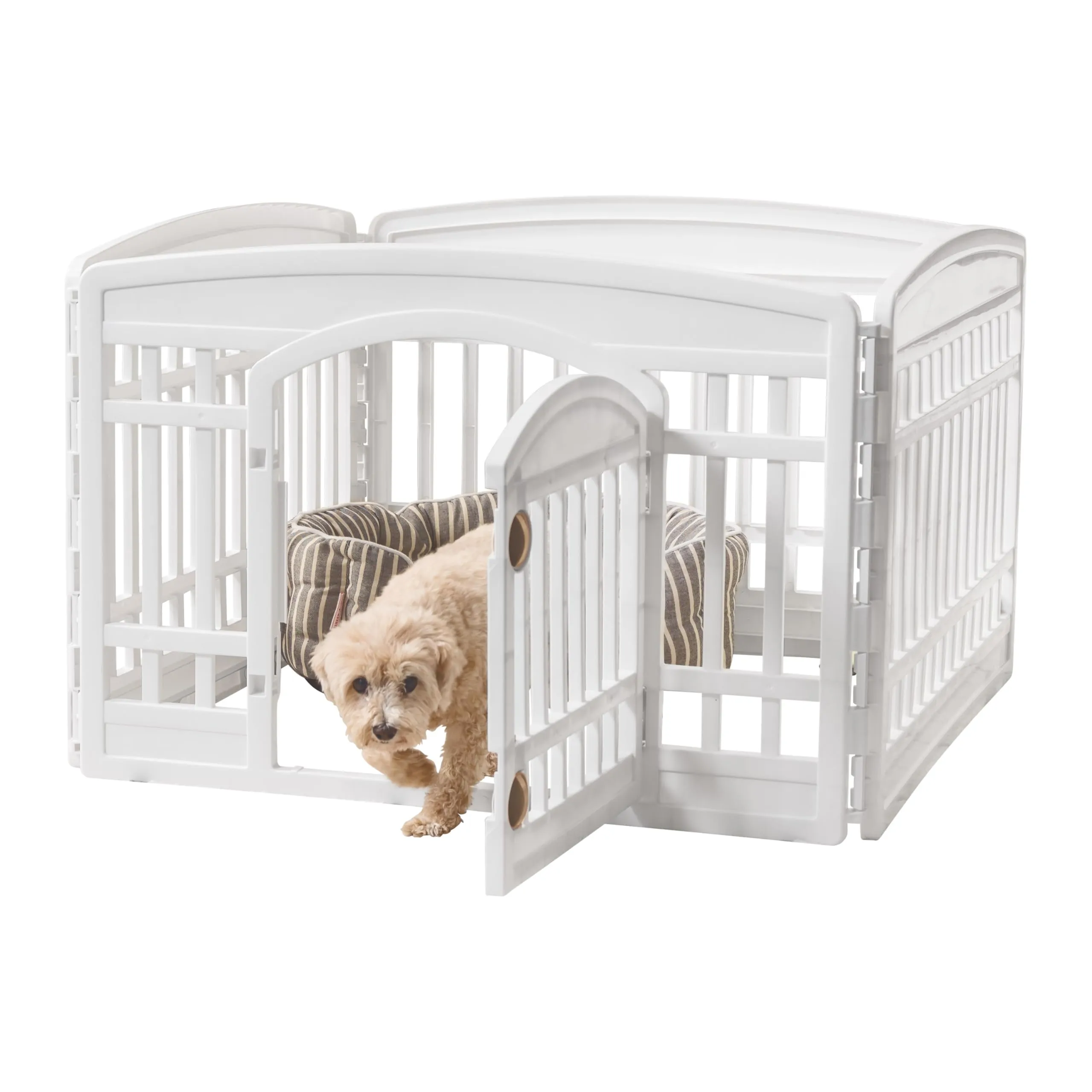 IRIS USA 24" 4-Panel Pet Dog Puppy Playpen with Door, for Puppies and Small Dogs, Keep Pets Secure, Easy Assemble, Fold It Down, Easy Storing, Customizable, White
