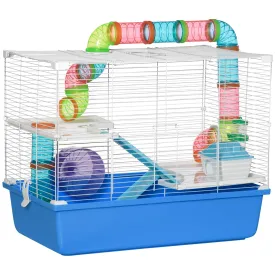 Large Hamster Cage 3-Level Small Rodents House with Tube Tunnel Exercise Wheel Water Bottle Food Dish Ramps Hut 59 x 36 x 47 cm Blue