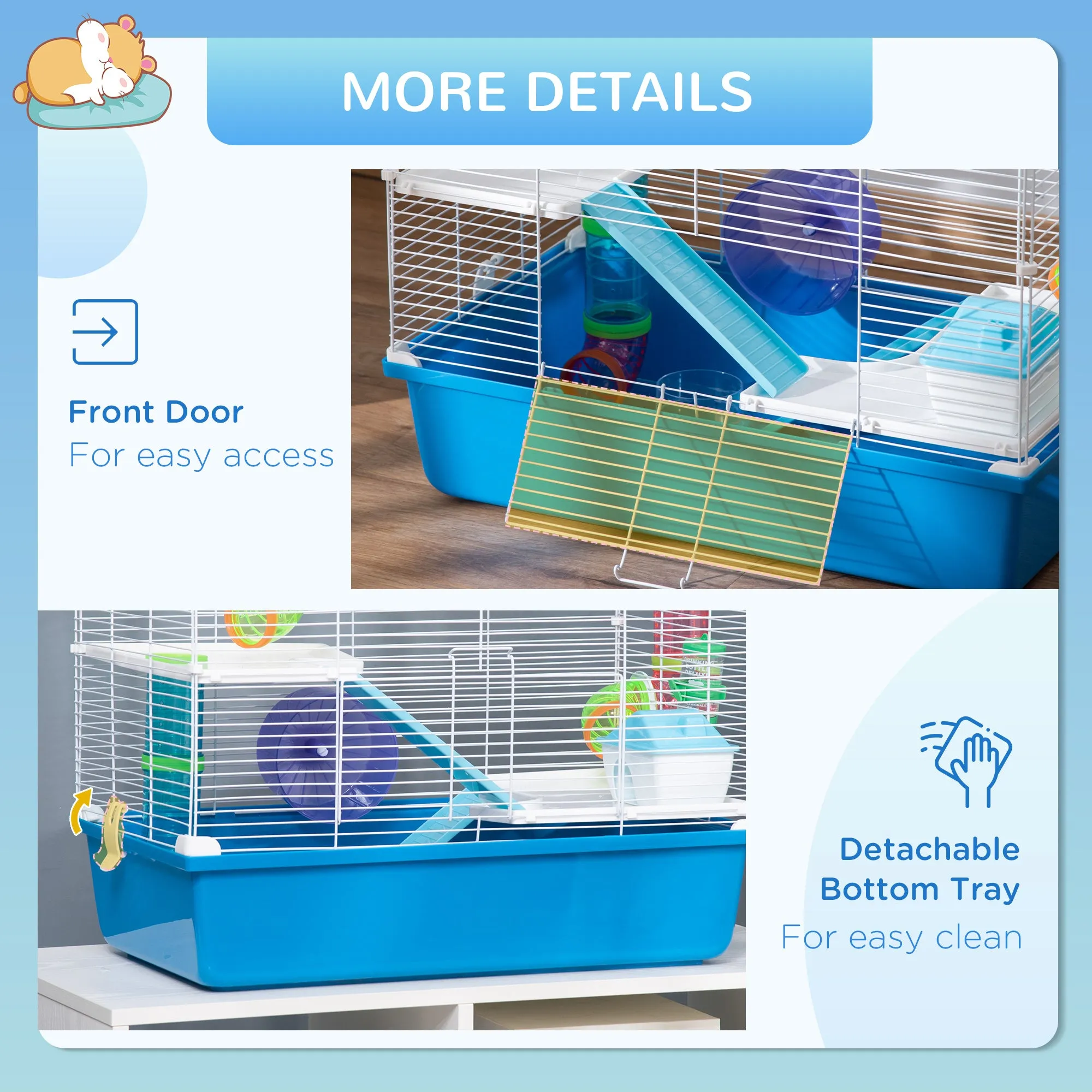Large Hamster Cage, 3-Level Small Rodents House, with Tube Tunnel, Exercise Wheel, Water Bottle, Food Dish, Ramps, Hut, 59 x 36 x 47 cm, Blue