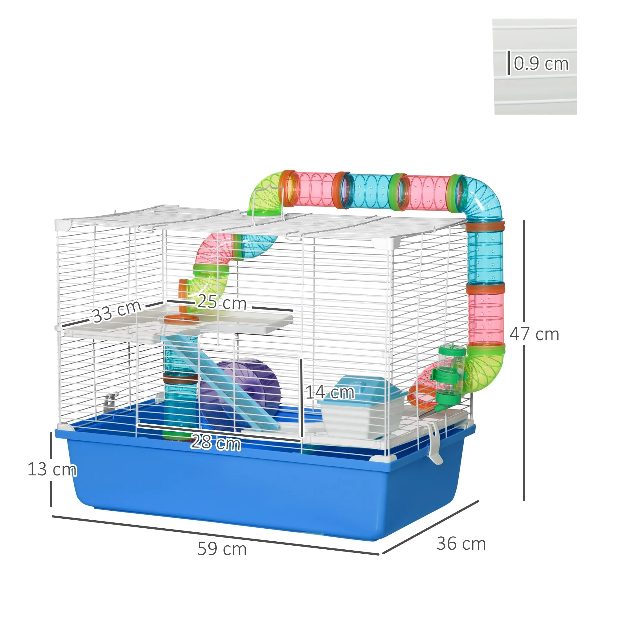 Large Hamster Cage 3-Level Small Rodents House with Tube Tunnel Exercise Wheel Water Bottle Food Dish Ramps Hut 59 x 36 x 47 cm Blue