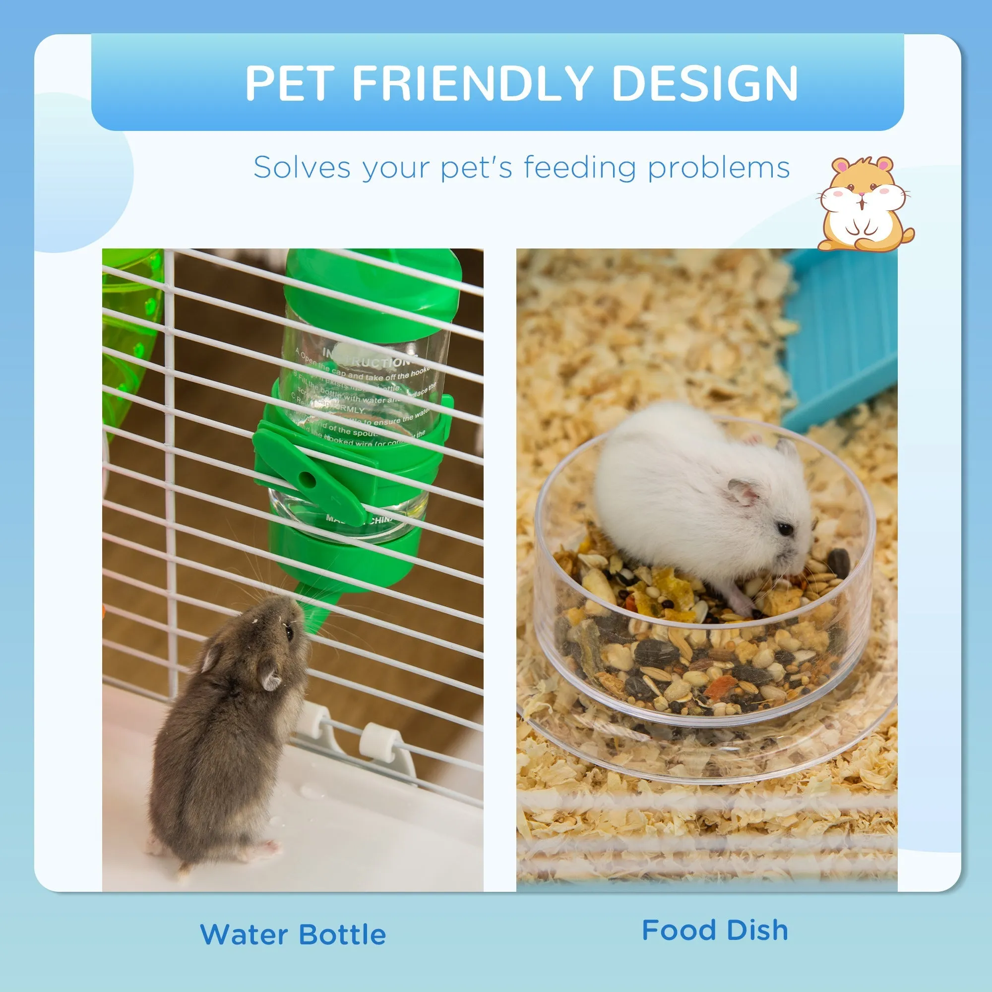 Large Hamster Cage 3-Level Small Rodents House with Tube Tunnel Exercise Wheel Water Bottle Food Dish Ramps Hut 59 x 36 x 47 cm Blue
