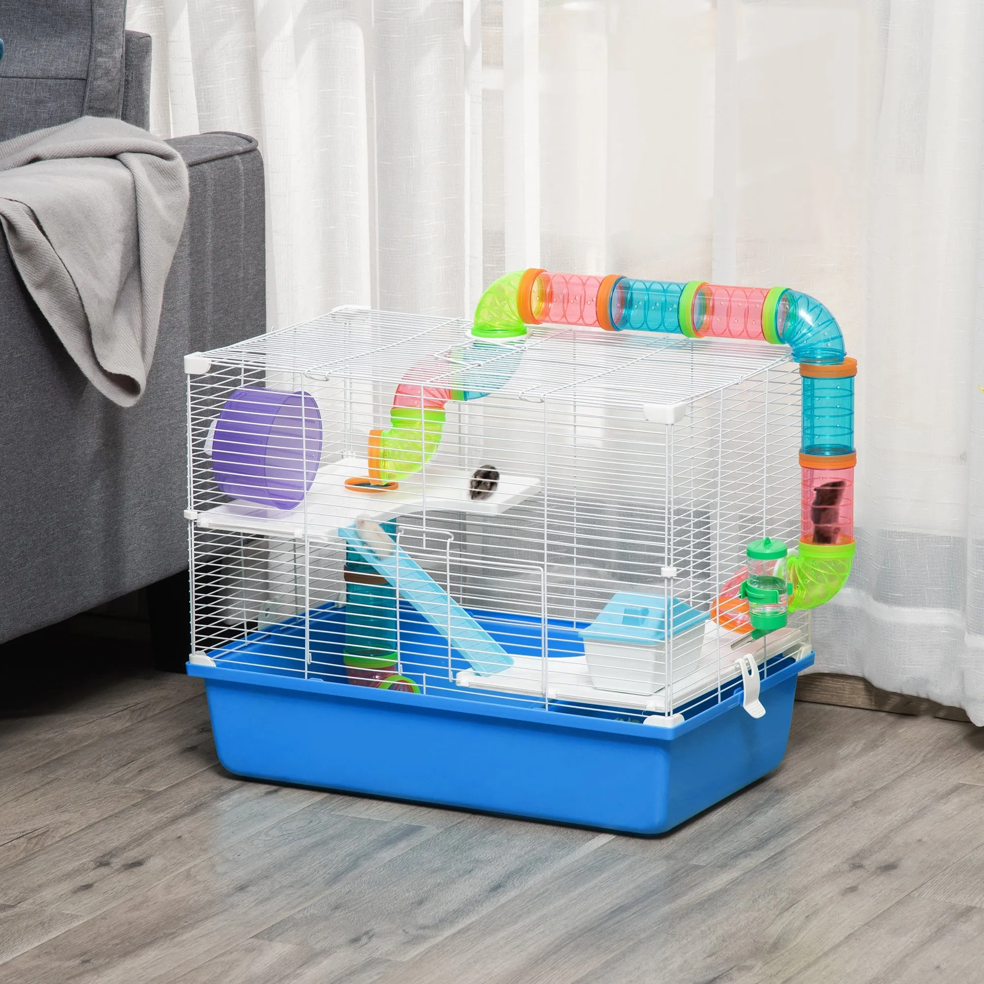 Large Hamster Cage 3-Level Small Rodents House with Tube Tunnel Exercise Wheel Water Bottle Food Dish Ramps Hut 59 x 36 x 47 cm Blue