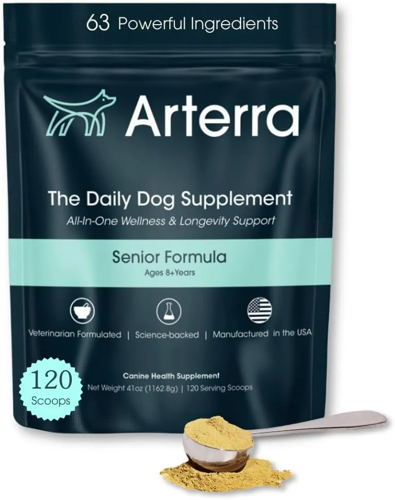 Longevity Multivitamin for Senior Dogs  63 Ingredients for Joint, Gut, Immune & Brain Health  Supplement & Food Topper with Glucosamine, Probiotics, and Fish Oil | 120 Scoops
