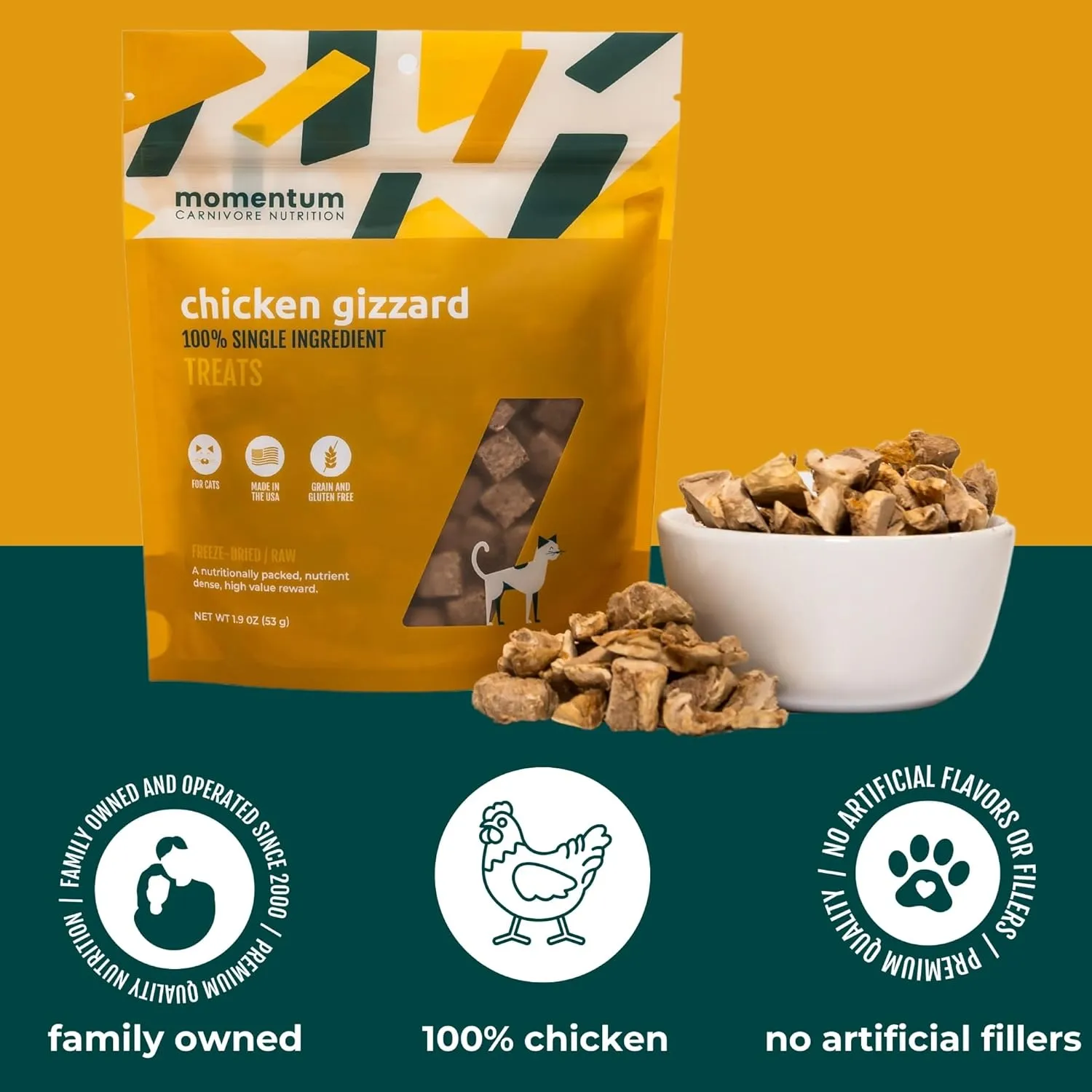 Momentum Carnivore Nutrition Freeze-Dried Chicken Gizzard Cat Treats  Single-Ingredient, All-Natural, Grain-Free Treats  1.9 oz Bag