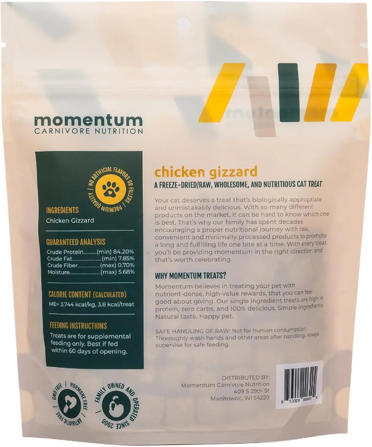 Momentum Carnivore Nutrition Freeze-Dried Chicken Gizzard Cat Treats  Single-Ingredient, All-Natural, Grain-Free Treats  1.9 oz Bag