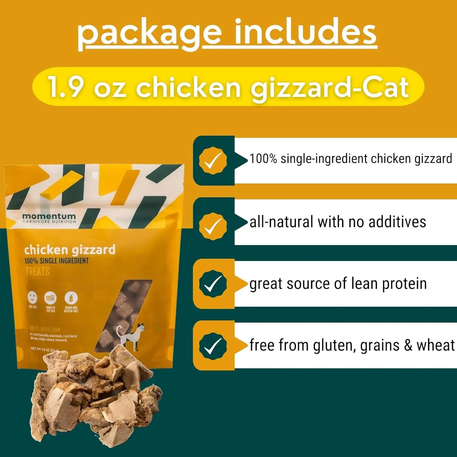 Momentum Carnivore Nutrition Freeze-Dried Chicken Gizzard Cat Treats  Single-Ingredient, All-Natural, Grain-Free Treats  1.9 oz Bag
