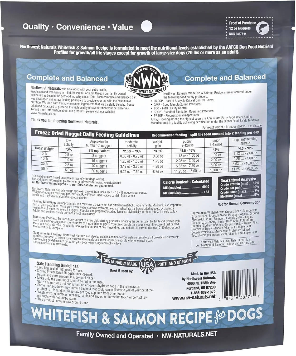 Northwest Naturals Freeze-Dried Whitefish & Salmon Dog Food - Bite-Sized Nuggets - Grain-Free, High-Protein, Raw Diet, Human-Grade Ingredients, All Natural, Omega-3 for Skin & Coat - 12 Oz