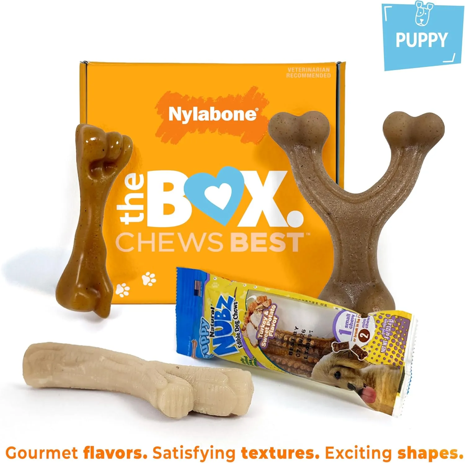 Nylabone Puppy Gift Box, Includes 3 Strong Chew Toys and 1 Natural Dog Treat, Gifts for Puppies, Small - Up to 25 lbs, 4 Pack